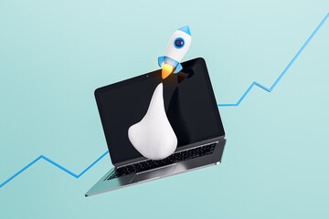 Creative blue backdrop with flying rocket and laptop. SEO, startup and web development concept. 3D Rendering.