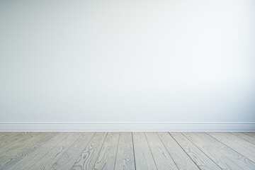 Front view on blank sunlit white wall background with space for advertising poster or product presentation in empty room with wooden floor. 3D rendering, mockup