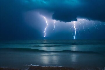 Naklejka na ściany i meble lightning and storm on sea to the sunset - bad weather