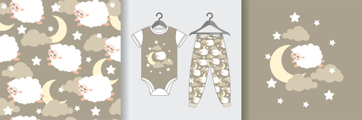 Seamless pattern for kid with  lamb. Cute design pajamas. Baby background for clothes, t-shirt print, kids wear fashion, wrapping. shapes for textile, wrapping, wallpaper and apparel. Dreaming concept
