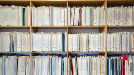 Fototapeta premium Shelves with books, medical cards, card file, medical data.,Old fashioned traditional medical cards on shelves in hospital, Generative AI