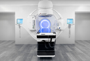 Cancer therapy, advanced medical linear accelerator in the therapeutic radiation oncology to treat patients with device. radiation oncology therapy device - obrazy, fototapety, plakaty