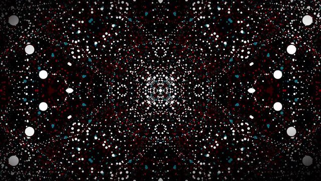 Kaleidoscope of small colorful dots that move chaotically. Geometric pattern. Looped animation.