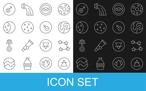 Set line Air element, Star constellation zodiac, Earth globe, Medallion with eye, Full moon, Eclipse of the sun, Mars symbol and Venus icon. Vector