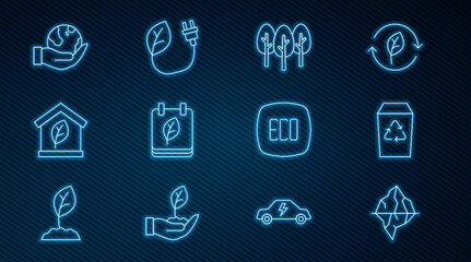 Set line Iceberg, Recycle bin, Tree, Calendar with autumn leaves, Eco friendly house, Hand holding Earth globe, Leaf symbol and Electric saving plug leaf icon. Vector