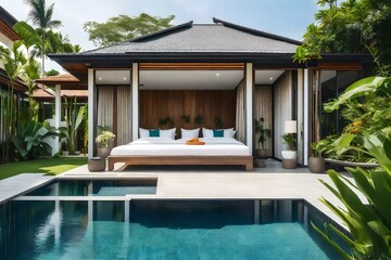 Fototapeta premium home or house building Exterior and interior design showing tropical pool villa with green garden and bedroom