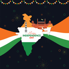 Indian happy independence day flag blue firework background social media post or banner and poster design with red fort architecuture and map vector file - obrazy, fototapety, plakaty