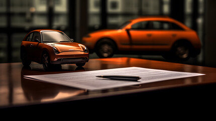 Fototapeta na wymiar small car model near sign document paper 