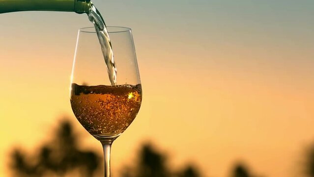 Pouring white wine into glass sunset in background.