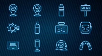 Set line Mouth guard boxer, Boxing helmet, Fitness shaker, Punching bag, boxing glove, Sport mechanical scoreboard and icon. Vector