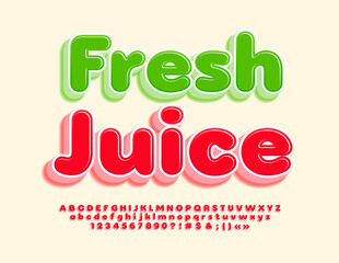 Vector bright template Fresh Juice. Red glossy 3D Font. Modern Alphabet Letters, Numbers and Symbols set