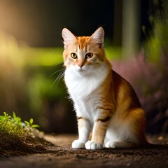 Obraz premium Beautiful white cat standing on the grass in sunrise and looking in cute mood