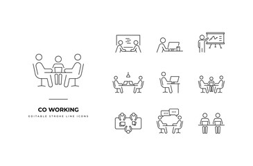 Set of co-working Icons. Simple line art and editable stroke icons pack. - obrazy, fototapety, plakaty