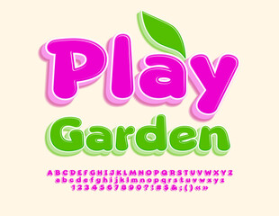 Vector colorful badge Play Garden. Cute Pink 3D Font. Cartoon style Alphabet Letters, Numbers and Symbols