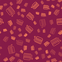 Brown line Sauna bucket and ladle icon isolated seamless pattern on red background. Vector Illustration