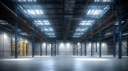 Empty warehouse with metal racks on the sides. 3d illustration.