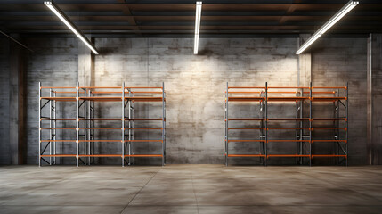 Empty warehouse with metal racks on the sides. 3d illustration.