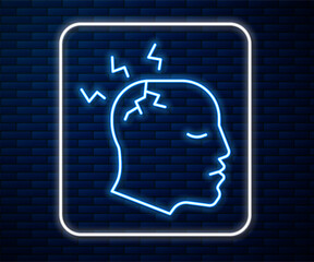 Glowing neon line Man having headache, migraine icon isolated on brick wall background. Vector