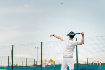 backhand, man in active wear playing tennis, holding racket, hitting ball, backhand, back view