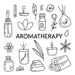 Vector set of aromatherapy illustrations.Hand drawn, doodle - obrazy, fototapety, plakaty