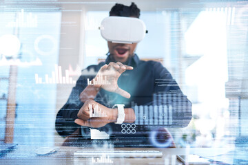 Futuristic VR, wow or business man surprise with stock market analytics, augmented reality experience or crypto chart. Dashboard overlay screen, economy graphic or male broker working on trading data
