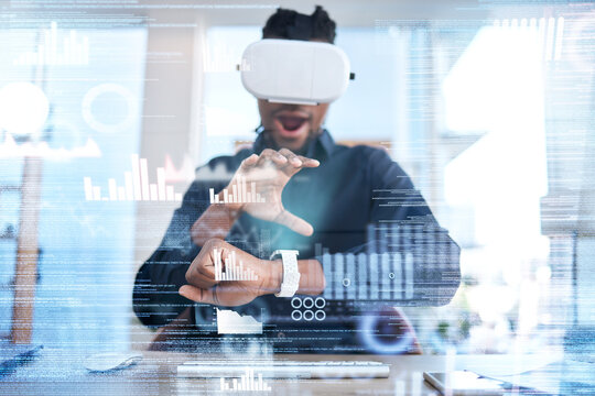 Futuristic VR, wow or business man surprise with stock market analytics, augmented reality experience or crypto chart. Dashboard overlay screen, economy graphic or male broker working on trading data - Powered by Adobe