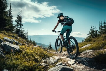 Fototapeta premium Mountain biking woman riding on bike in summer mountains forest landscape. Generative AI