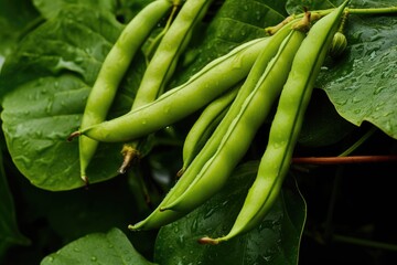Green beans growing in a garden in summer. Generative AI - obrazy, fototapety, plakaty