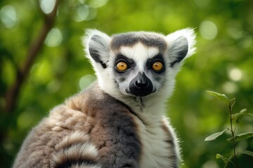 Fototapeta premium Portrait of a lemur against the background of green nature. Generative AI
