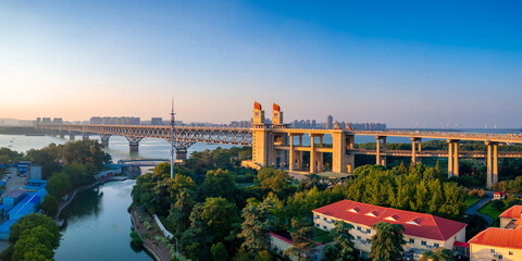Dusk Scenery of Nanjing Yangtze River Bridge, Jiangsu Province, China