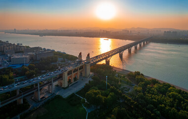 Dusk Scenery of Nanjing Yangtze River Bridge, Jiangsu Province, China