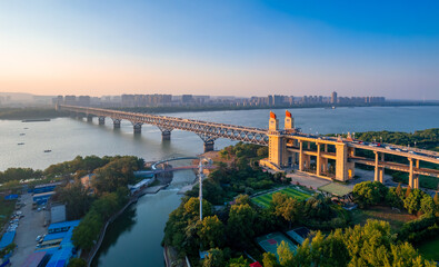 Fototapeta na wymiar Dusk Scenery of Nanjing Yangtze River Bridge, Jiangsu Province, China