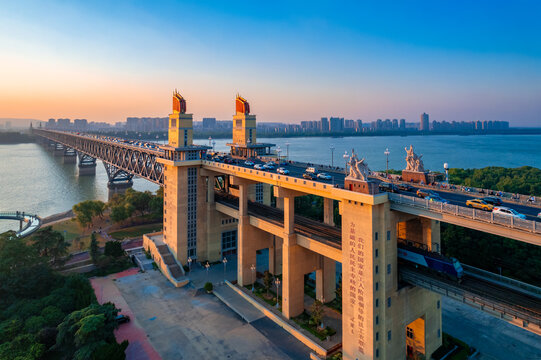 Dusk Scenery of Nanjing Yangtze River Bridge, Jiangsu Province, China