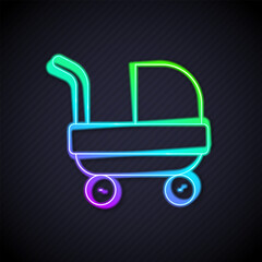 Glowing neon line Baby stroller icon isolated on black background. Baby carriage, buggy, pram, stroller, wheel. Vector