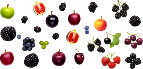 Printset different fruits are shown on a white background, in the style of red and purple