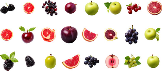 Printset different fruits are shown on a white background, in the style of red and purple