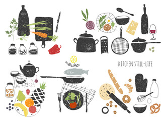 Set of doodle texture kitchen still life. Hand drawn kitchen utensils and food. Textured vegetables, fruits, bread and fish.