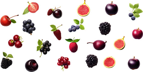 Printset different fruits are shown on a white background, in the style of red and purple