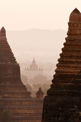 Temples and pagodas in early morning fog, Bagan, Myanmar