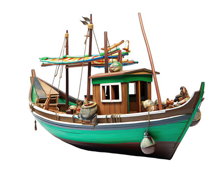 Realistic fishing boat in local village on transparent background (PNG)