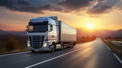 AI generated image of modern large trailer driving down an empty road at sunset. Logistics company. Freight transportation. Fast delivery.