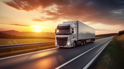 Obraz na płótnie Canvas AI generated image of modern large trailer driving down an empty road at sunset. Logistics company. Freight transportation. Fast delivery.