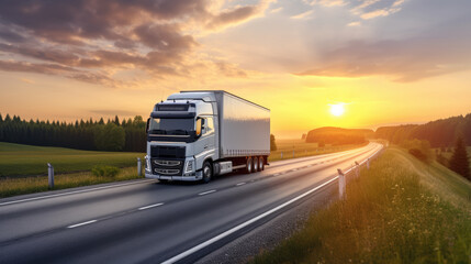 Obraz na płótnie Canvas AI generated image of modern large trailer driving down an empty road at sunset. Logistics company. Freight transportation. Fast delivery.