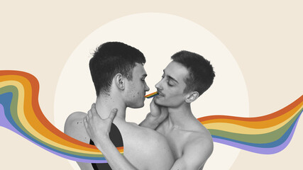 Young men hugging, expressing love to each other over rainbow elements. Support. Contemporary art collage. Concept of human rights, equality, acceptance and freedom. Banner, poster, ad - obrazy, fototapety, plakaty