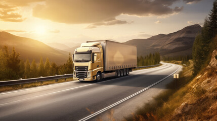 Fototapeta na wymiar AI generated image of modern large trailer driving down an empty road at sunset. Logistics company. Freight transportation. Fast delivery.