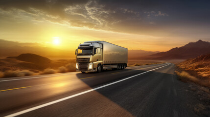 AI generated image of modern large trailer driving down an empty road at sunset. Logistics company. Freight transportation. Fast delivery.