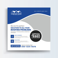 Roofing Social Media Post Roof repair, worker replacing gray tiles or shingles on house with blue sky as background and copy space, Roofing - construction worker