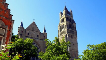 Fototapeta na wymiar mächtige Salvator Kathedrale in Brügge zwischen grünen Bäumen unter blauem Himmel
