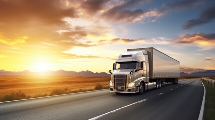 AI generated image of modern large trailer driving down an empty road at sunset. Logistics company. Freight transportation. Fast delivery.