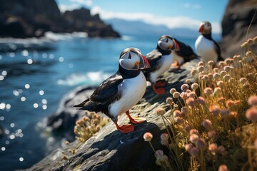 Atlantic Puffins Walking on the Cliff. Generative AI